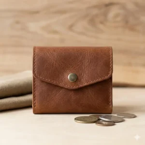 An illustration showing the compact size of a small coin purse leather in hand.