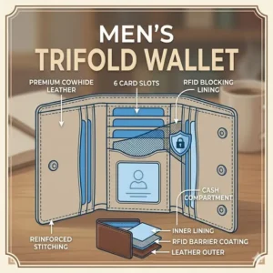 An informational illustration breaking down the interior anatomy and storage capacity of a classic mens trifold wallet.