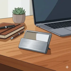 Illustration showing the thin profile of a stainless steel metal business card holders sliding easily into a suit jacket pocket.