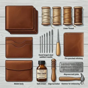 Flat lay illustration of leather wallet kit contents including full-grain leather pieces, stitching awl, and burnishing tool.