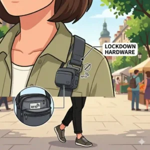 Close-up illustration showing the slash-resistant fabric layers of the best anti theft crossbody bag.