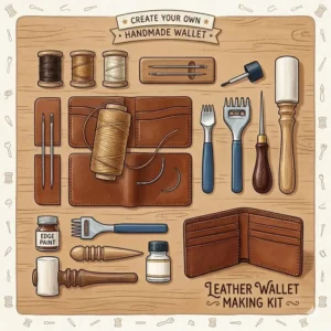 Overhead view of the professional tools and supplies found inside a leather wallet making kit.