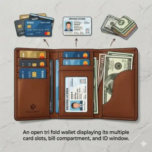 An open tri fold wallet displaying its multiple card slots, bill compartment, and ID window.