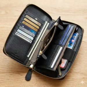 Detailed view of the interior compartments of a zip around wallet showing card slots and a coin pocket.