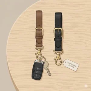 Minimalist illustration displaying premium braided leather wrist keychain designs in neutral colors.