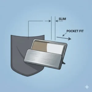 An overhead illustration of an open metal business card holders showing a 20-card storage capacity with a secure internal clip.