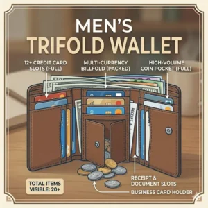 A clean graphic illustration showing a mens trifold wallet next to neatly organized credit cards cash bills and an ID card.