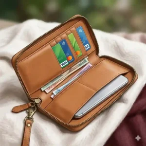 Open leather wristlet wallet showing interior card slots, cash pocket, and a smartphone fitting inside