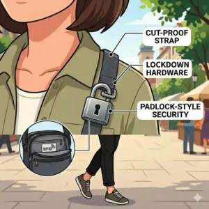 Detailed view of the heavy-duty locking zippers featured on the best anti theft crossbody bag.