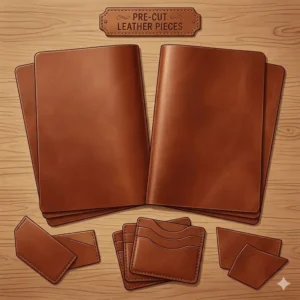 High-quality vegetable tanned leather pieces provided in this beginner-friendly leather wallet making kit.