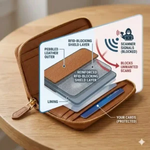 An illustration demonstrating the RFID blocking technology embedded in a secure zip around wallet.