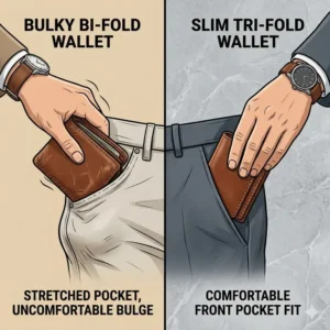 Side view comparison showing how a slim tri fold wallet fits comfortably and discreetly into a front pocket.