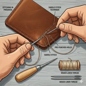 Close-up illustration of the saddle stitching technique used in a leather wallet kit for a durable handmade finish.