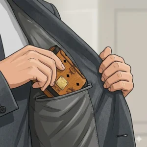 A close-up shot of a man sliding a bi-fold mcm wallet into the front pocket of a tailored suit jacket.