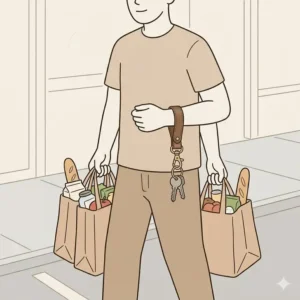 Graphic drawing of a person holding shopping bags using a hands free wrist keychain loop to keep keys accessible.