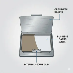A conceptual illustration of radio waves bouncing off a protective metal business card holders to represent RFID data security.