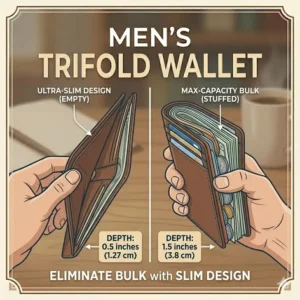 Side by side illustration comparing a bulky traditional billfold with a modern slim mens trifold wallet design.