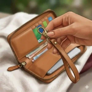 Demonstration of a black leather wristlet converting into a clutch bag by clipping off the removable wrist strap
