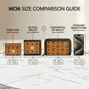 A size guide illustration comparing an mcm wallet, card case, and zip-around continental wallet next to a smartphone.