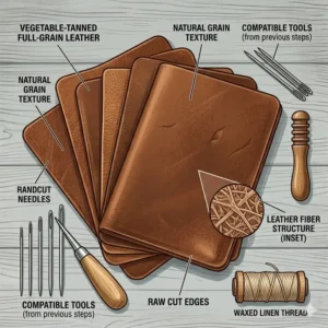 Detailed view of vegetable-tanned leather pieces included in the leather wallet kit showing natural grain and texture.