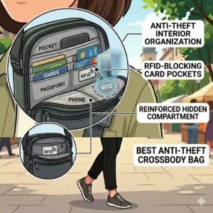 An informative diagram of the RFID blocking technology inside the best anti theft crossbody bag.