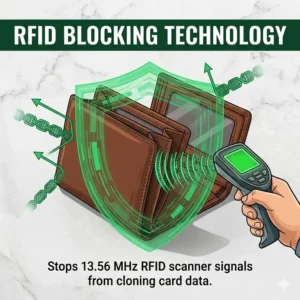 Graphic illustration of a secure tri fold wallet with built-in RFID blocking technology to prevent data theft.