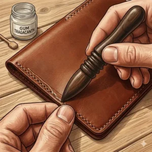 A close-up shot showing how to use the needles and thread from the leather wallet making kit to sew pockets.