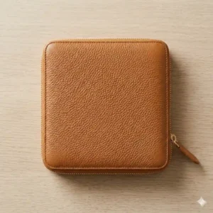 A size comparison of a large zip around wallet held in hand to show scale and portability.