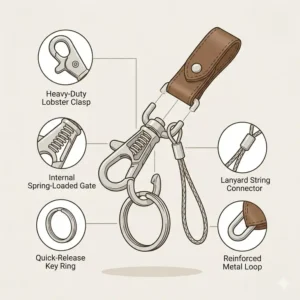 Detailed diagram of a wrist keychain highlighting its heavy duty metal lobster clasp and quick release key ring hook.