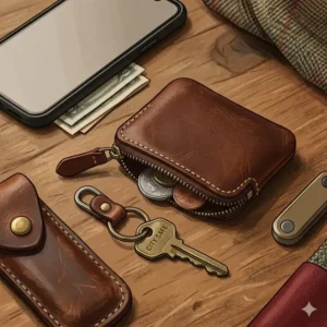 An illustration of a small coin purse leather as part of a minimalist everyday carry.