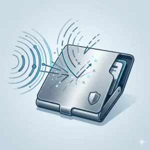 Detailed illustration of a laser engraving machine etching a company logo onto a matte black metal business card holders.