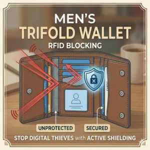 A security illustration demonstrating how an RFID blocking mens trifold wallet deflects unauthorized digital scanning waves.