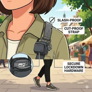 Illustration of the cut-proof strap and lockdown hardware on the best anti theft crossbody bag.