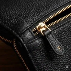Close-up texture shot of a black pebbled leather zip around wallet highlighting the durable stitching.