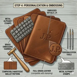 Illustration of a leather wallet kit being personalized with embossed initials using a metal stamping set.