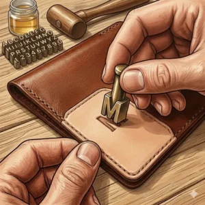 Personalizing a DIY project using the metal alphabet stamps included in the leather wallet making kit.