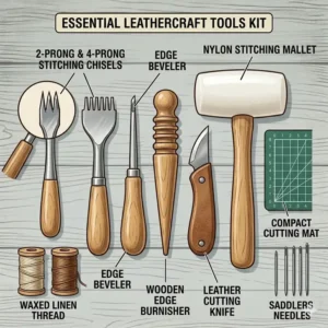 Essential leathercraft tools included in the leather wallet kit such as edge bevelers, nylon thread, and needles.
