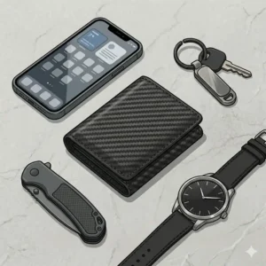A minimalist everyday carry flat lay featuring a sleek black tri fold wallet alongside keys and a smartphone.