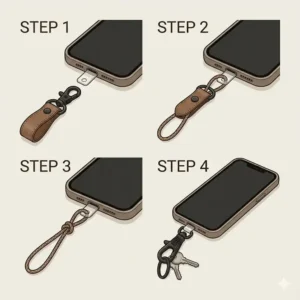 A step by step tutorial illustration showing how to hook a wrist keychain lanyard to a cell phone case.