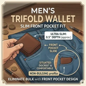 A lifestyle illustration showing the sleek profile of a mens trifold wallet sliding smoothly into a pair of denim jeans pocket.