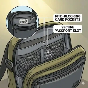 View of the organized internal compartments and hidden pockets of the best anti theft crossbody bag.