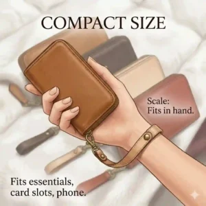 Model holding a small leather wristlet purse to show scale and sizing comparison against a hand