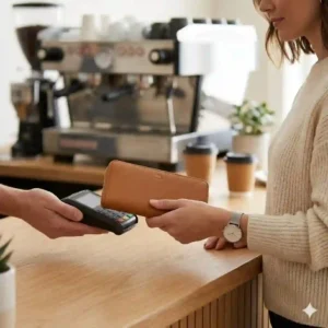 A person using a slim zip around wallet to pay at a cafe, showing its ease of use.