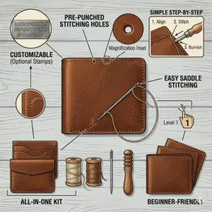 A beginner-friendly leather wallet kit with pre-punched holes for easy assembly and hand-sewing.
