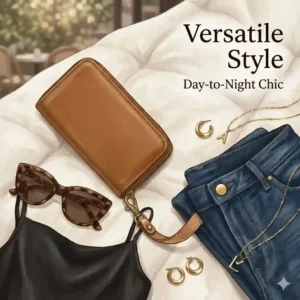 A minimalist flat lay outfit featuring a chic brown leather wristlet handbag paired with sunglasses and denim