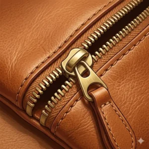 An illustration highlighting the durable brass zipper closure of a small coin purse leather.