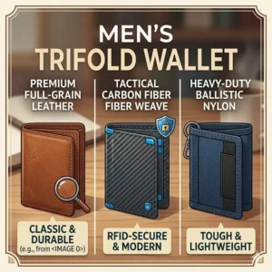 A visual layout illustrating a mens trifold wallet available in different textures like distressed leather carbon fiber and ballistic nylon.