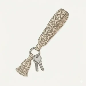A handmade woven macrame fabric wrist keychain accessory with bohemian style fringed edges.