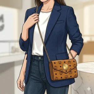 A woman wearing a versatile mcm wallet on chain as a crossbody bag paired with a casual chic outfit.