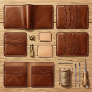An exploded view layout showing all the pre-cut parts of the leather wallet making kit before assembly.